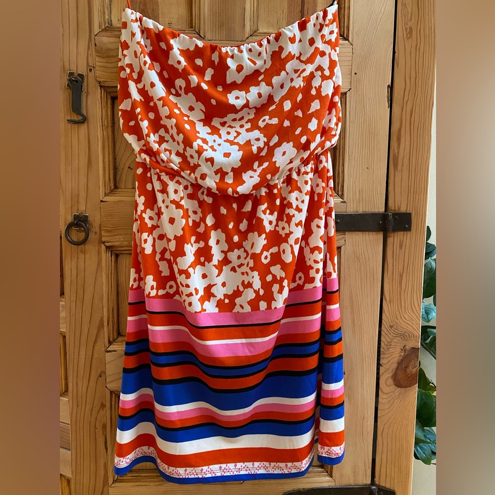 Joy Joy Orange and White Strapless Dress with Multicolor stripes Size - Small